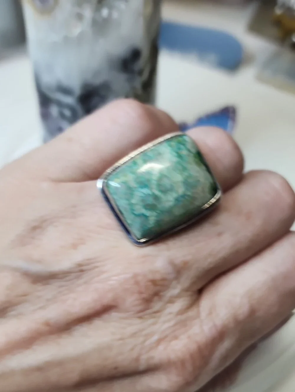 Handcrafted Green Fossil Coral Statement Ring